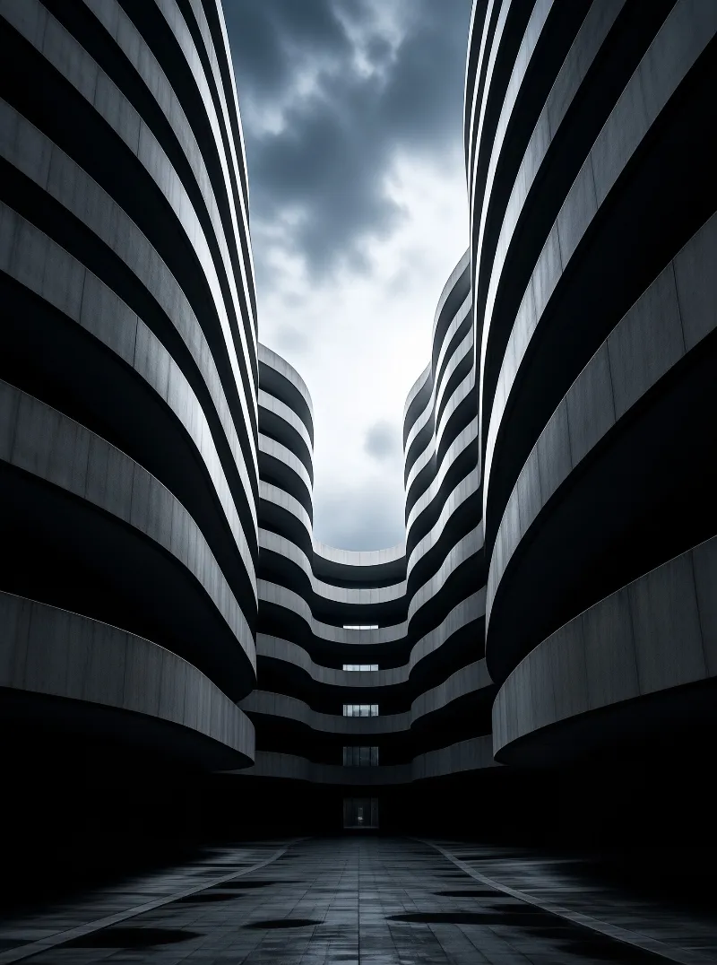 Looking upward through a monumental courtyard where rippling concrete balconies converge toward a bright cloudy sky.
