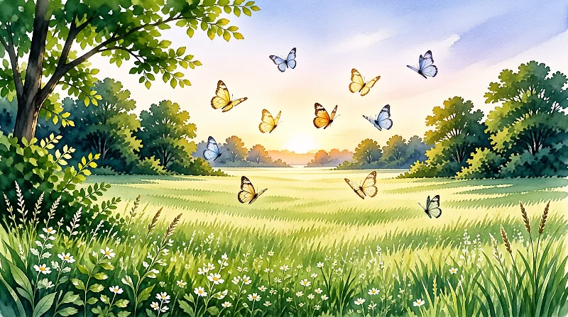 Watercolor multi colored butterflies drift over green daisy dotted fields as soft golden light spills across the horizon.