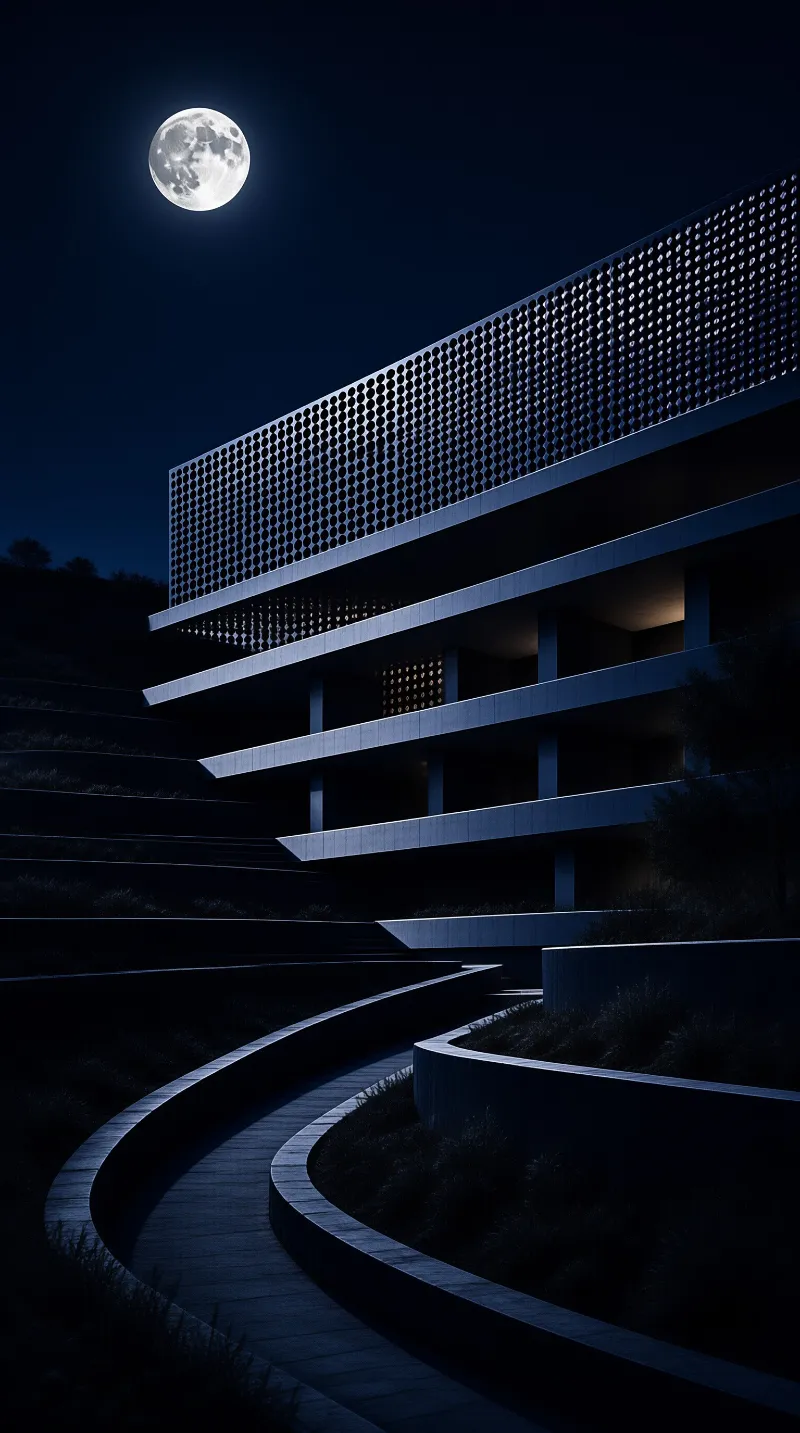 A tiered building with perforated screens sits under a bright moon while a winding path curves through the landscape below.