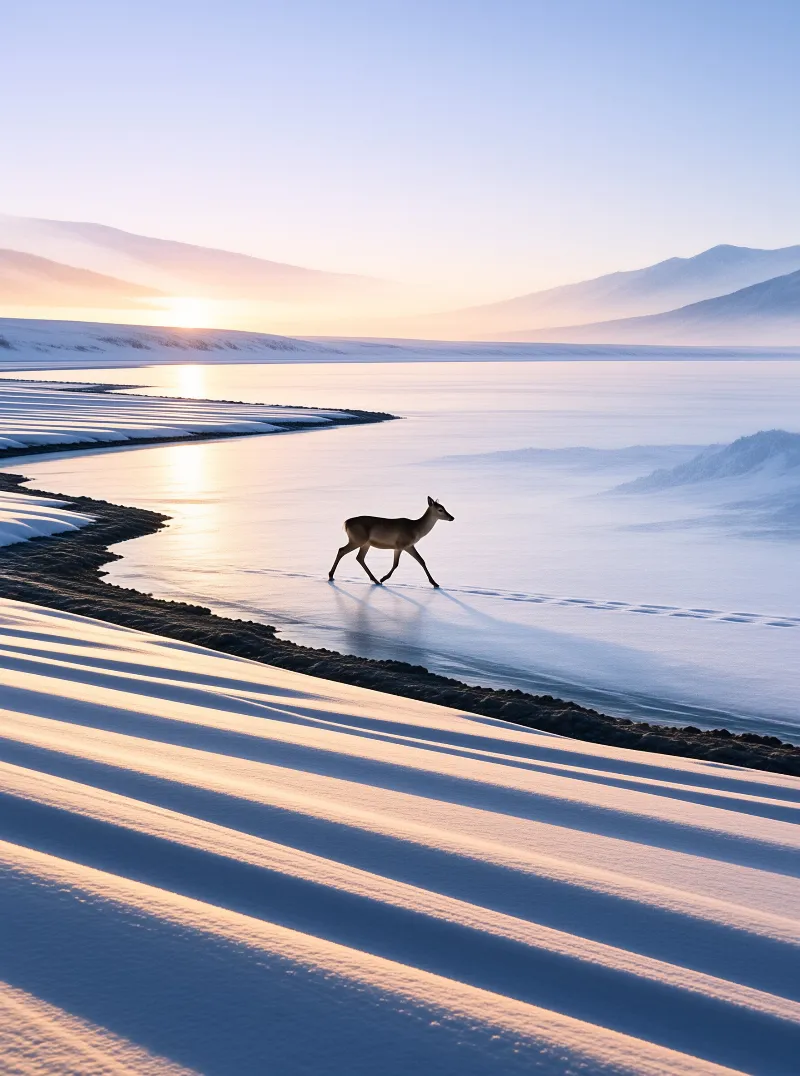 A reindeer walks across a frozen lake as sunrise light reflects off the ice and illuminates the distant snowy mountains.
