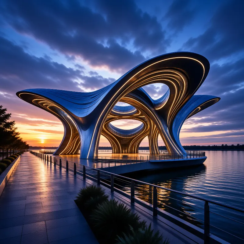 A futuristic silver pavilion stands on a pier with glowing lights reflecting in the calm water below while the sky transitions from orange to deep blue.