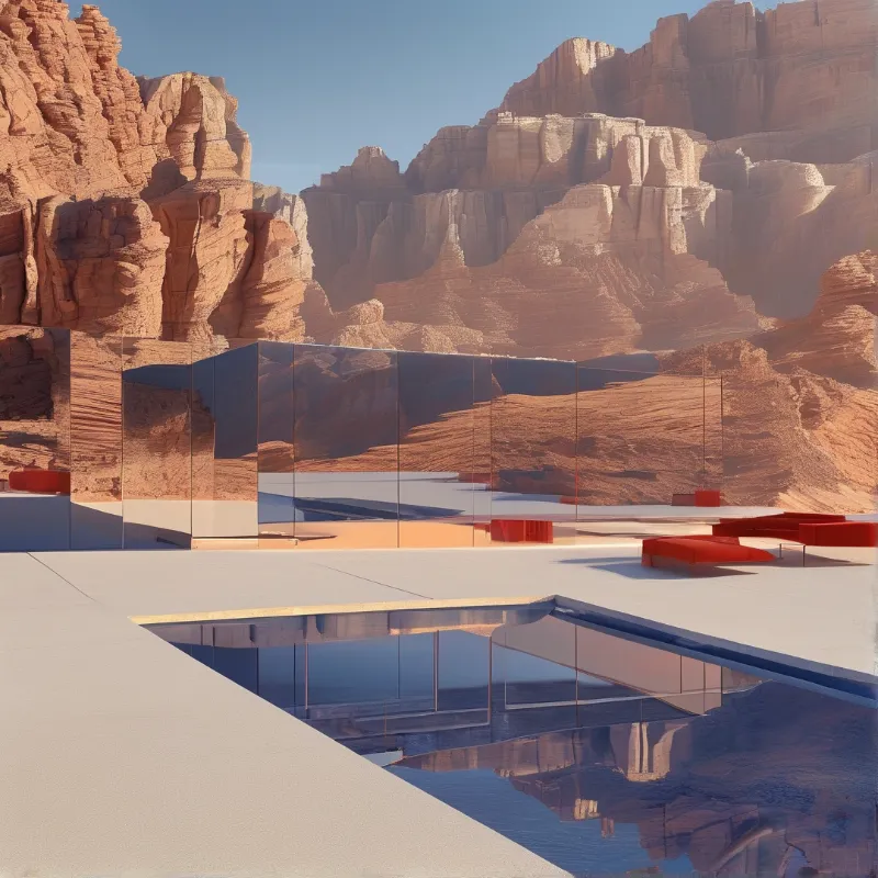 A glass structure stands on a white concrete platform amidst towering red rock formations under a clear blue sky.