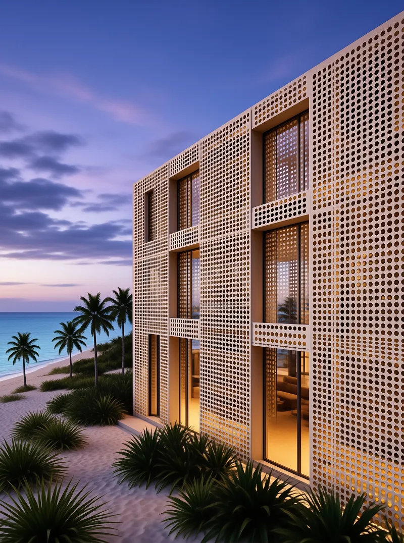 a beachfront building of perforated concrete screens glows from within as palm trees line pale sand under a violet dusk sky