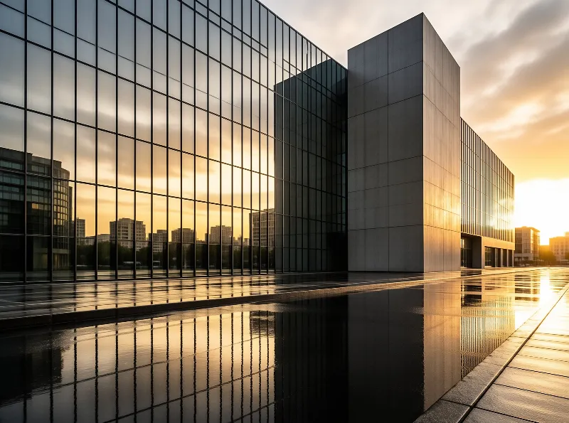A sleek glass skyscraper stands beside a reflective pool during a warm sunset creating a symmetrical view.