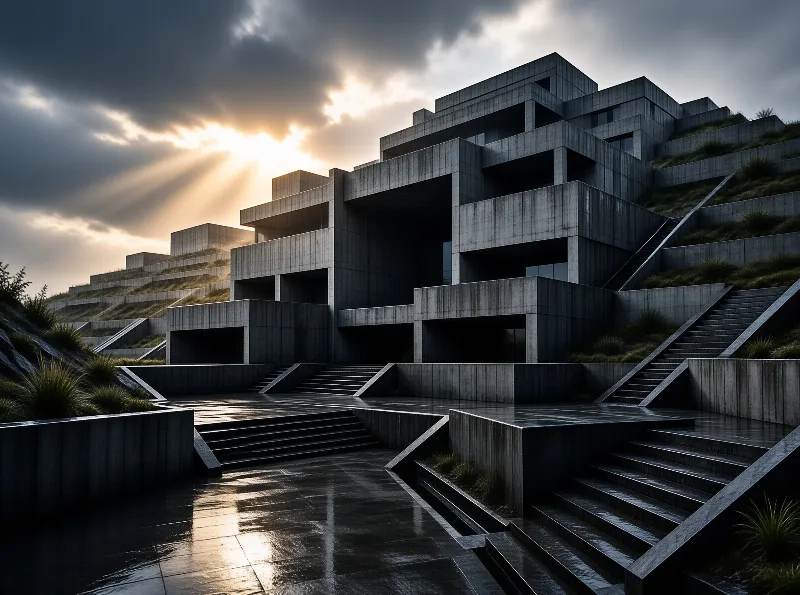 A massive gray structure rests on a grassy slope while beams of light shine through dark clouds over wet steps.