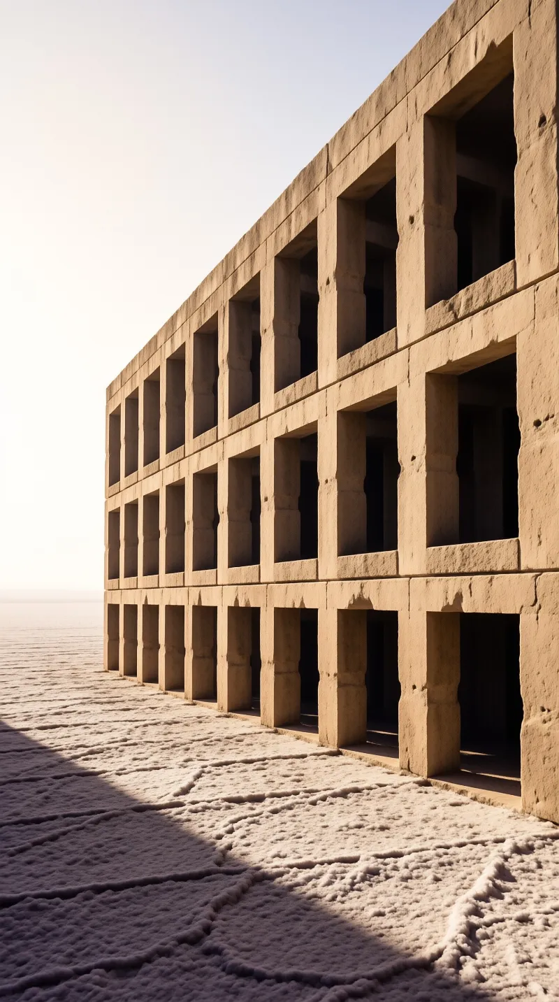 A massive beige building with deep window recesses stands beside a cracked desert floor bathed in golden light.