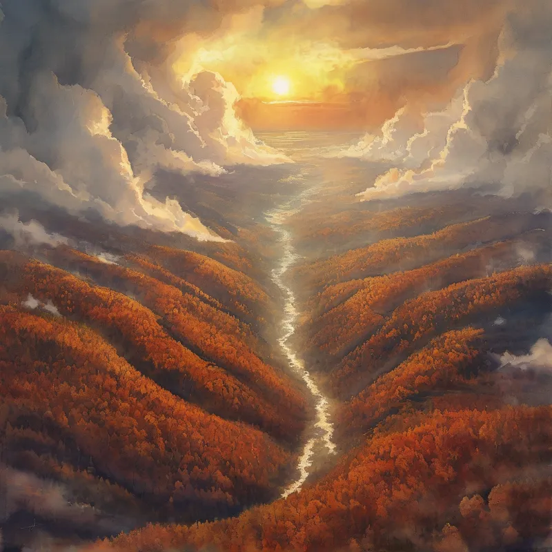 Aerial view of a winding river cutting through an orange forested valley toward a bright sun glowing behind layered clouds.