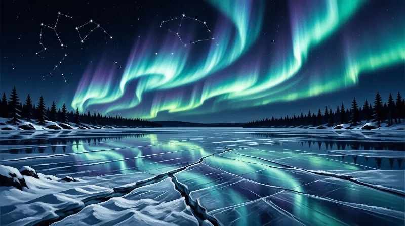 Green and violet aurora waves ripple above a frozen lake etched with pale cracked ice plates