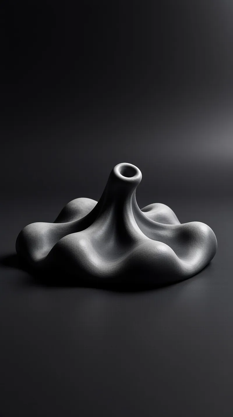 A smooth gray vase with an organic shape sits on a dark surface under directional light creating soft shadows.