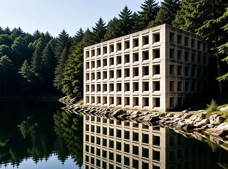 Brutalist Building by Lake