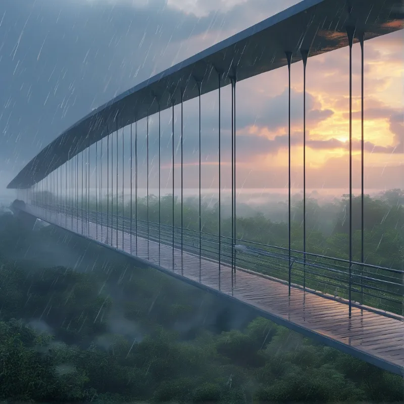A curved glass walkway stretches over a misty forest during heavy rain with a glowing sunset in the distance.