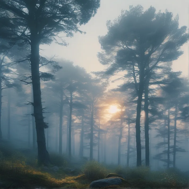 Sunlight in Misty Forest