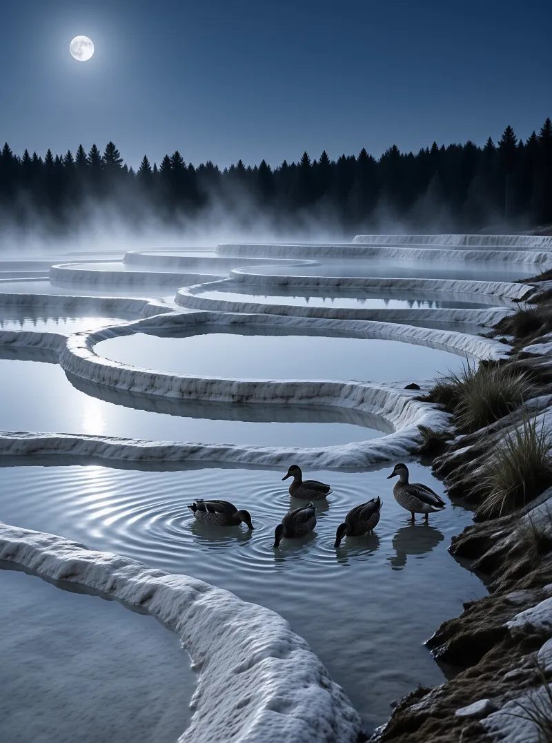 Waterfowl float in calm layered mineral pools while steam rises from a dark forest beneath a bright full moon at night.