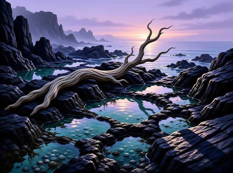 A pale gnarled branch spans dark boulders and turquoise tide pools as a violet sunset lights the sea