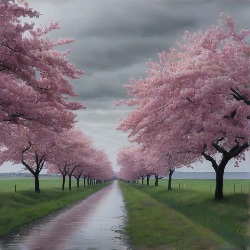 A wet reflective path runs between rows of pink cherry blossom trees under a cloudy gray sky