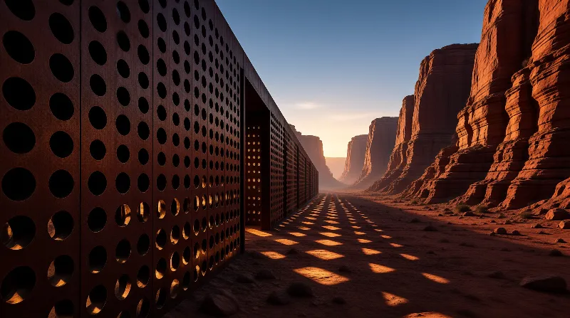 A long metal wall with circular holes casts grid shadows over a sandy path beside towering red cliffs.