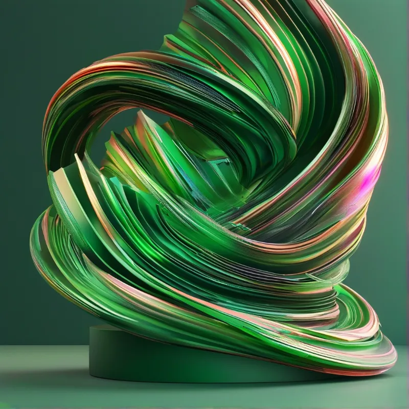 Twisted green ribbon sculpture with pink highlights on a dark base against a solid green background.