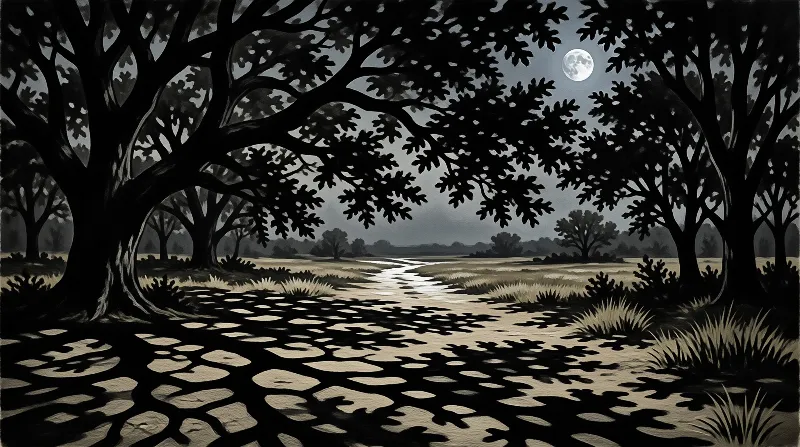 A curving narrow stream runs across a dim grassy meadow framed by silhouetted oak trees with a full moon visible above the distant treeline.