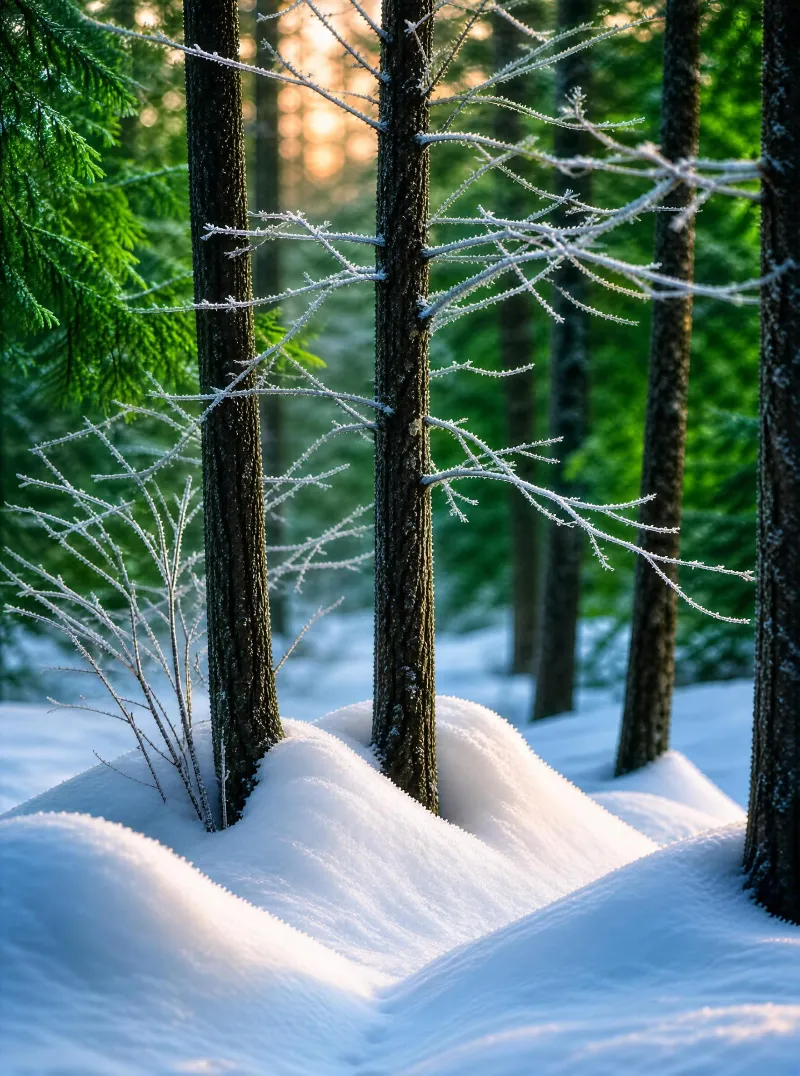 Frost-covered branches stand among tall trees in a snowy forest bathed in warm morning sunlight.