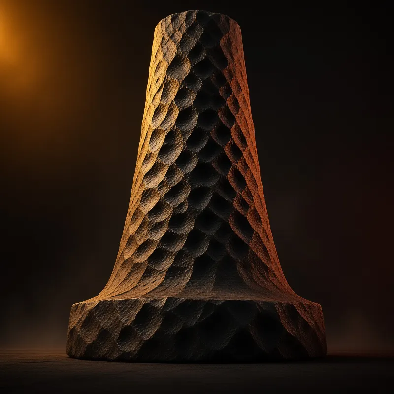 A tall monolith with a rough honeycomb surface stands in a dark space illuminated by warm orange light.