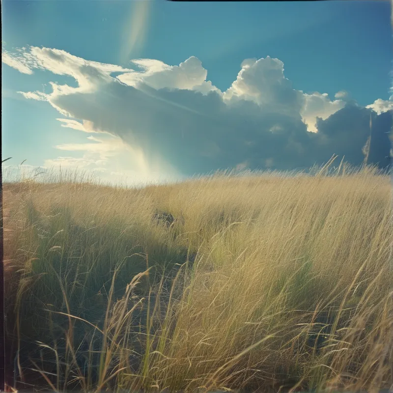 An expansive field of dry vegetation sways below a blue sky filled with large white clouds and streaming sunlight.