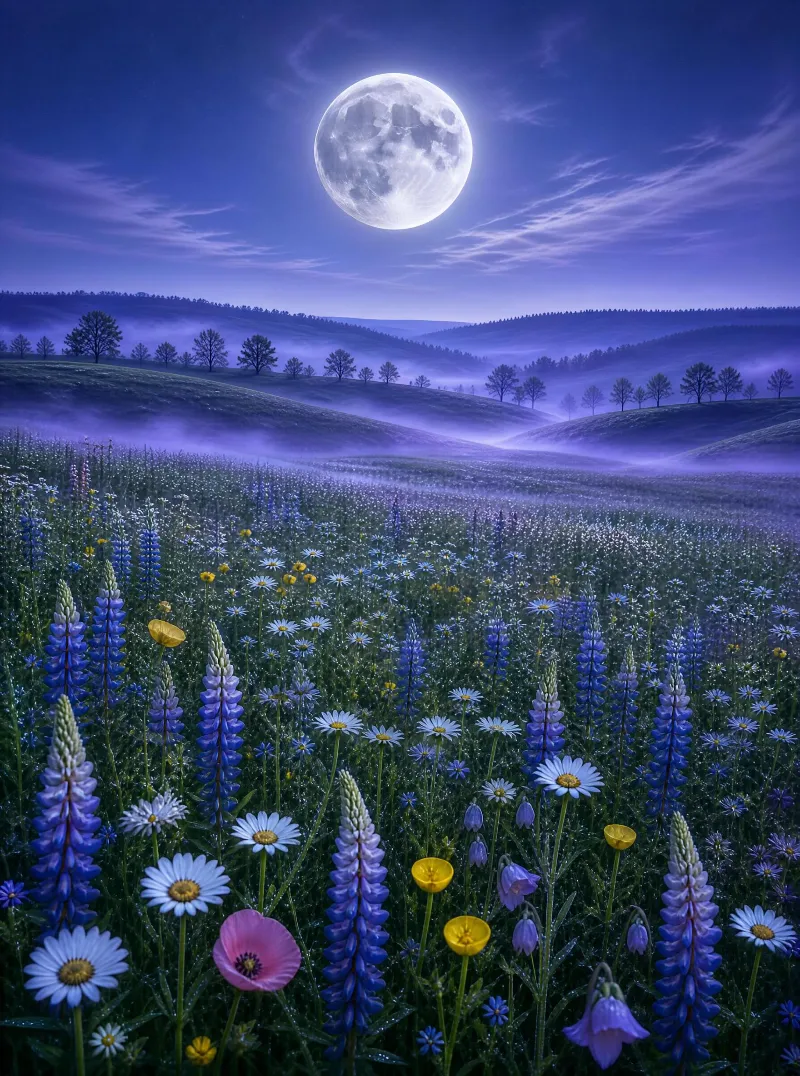 Moonlit Flower Field