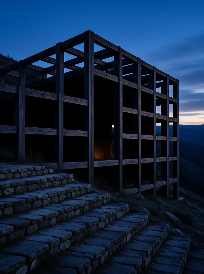Skeletal timber frame on a hillside with stone steps leading up under a deep blue twilight sky.