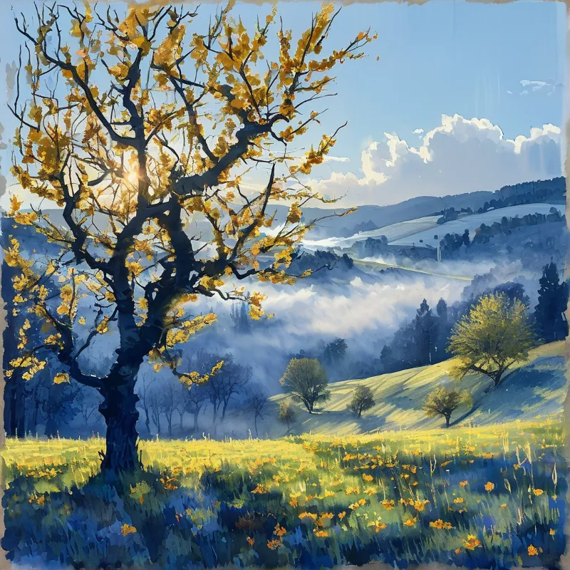 A large tree with yellow leaves stands in a grassy field while mist covers the rolling hills behind it.