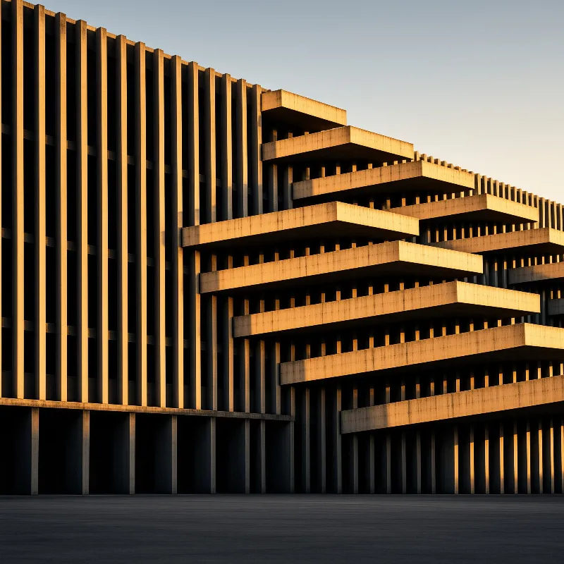 Recessed balconies and tall concrete columns form a stepped facade glowing in warm evening light.