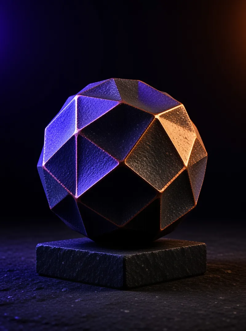A dark faceted geometric sphere on a rough slate base catches purple and amber rim lighting against a black backdrop.