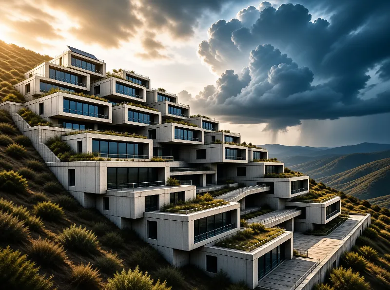A stepped concrete building complex rises from a grassy slope while dark clouds and rain approach in the distance.