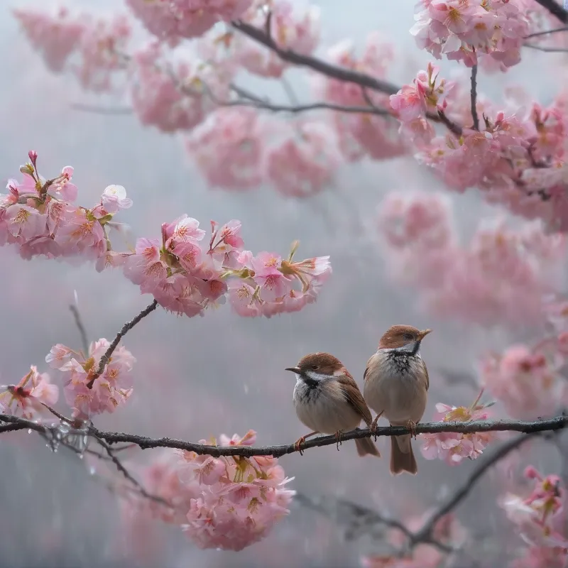 Two small songbirds perch together on a dark branch beneath clusters of pink blossoms in soft fog.