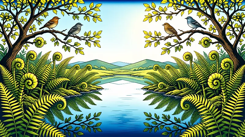 A symmetrical illustration shows birds on tree branches overlooking a calm river surrounded by ferns and distant hills.