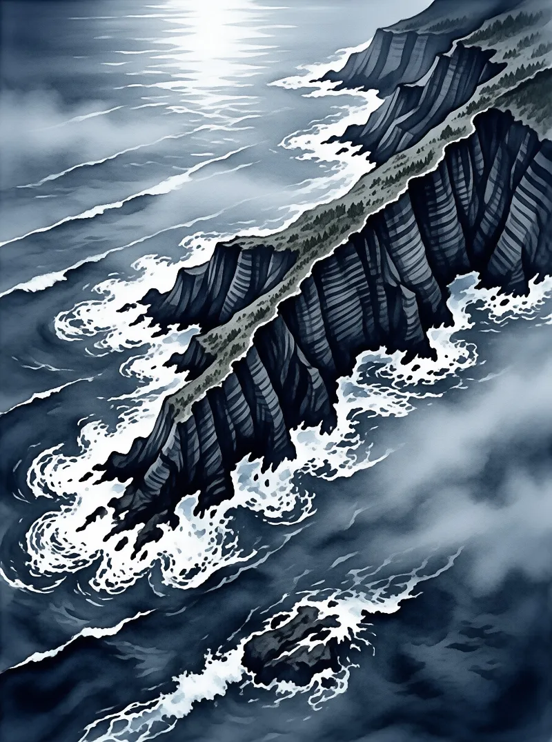 Dark jagged cliffs with vertical striations drop into a turbulent blue ocean with white foam under a bright sun glare.