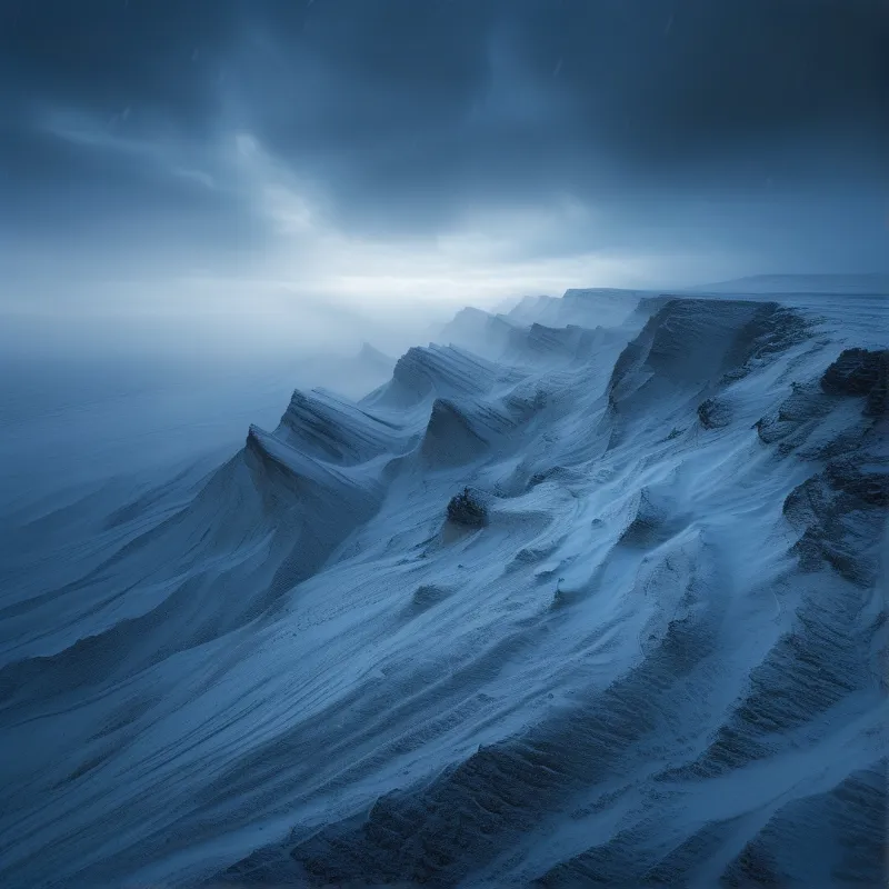 Stark blue cliffs draped in fresh snow descend toward a windswept frozen plain under falling flakes.