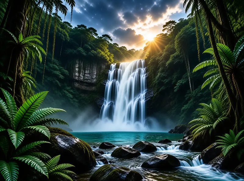 Sunlit Jungle Waterfall