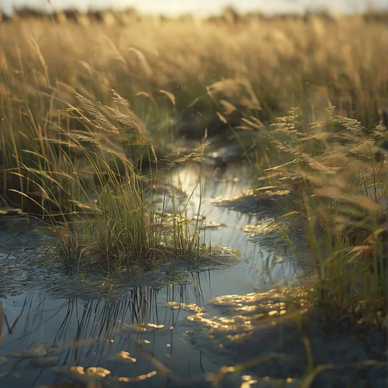 Tall reeds stand in a wetland channel reflecting the warm glow of the low sun creating a soft hazy atmosphere.