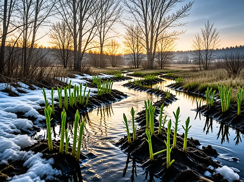 New green shoots line a narrow stream as patches of snow melt beneath bare trees at golden sunset