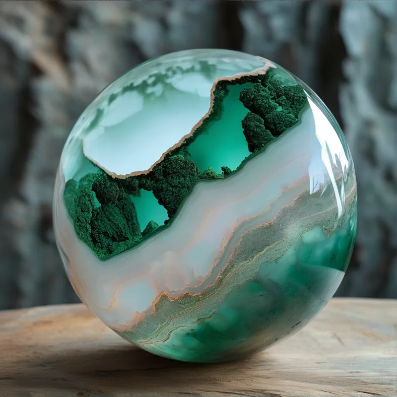 A polished geode sphere reveals green crystalline formations and white bands while resting on a rough wooden surface.