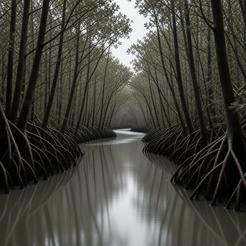 Mangrove trees with exposed roots line a narrow calm water channel reflecting the forest canopy above.