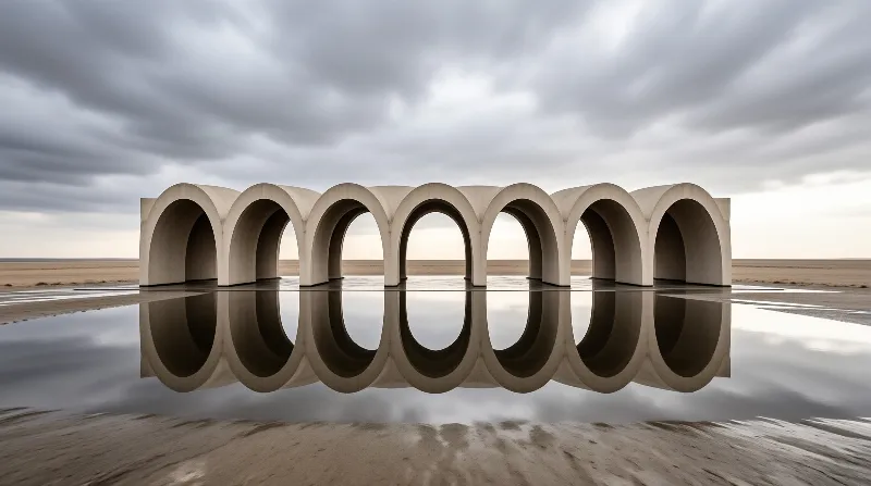A minimalist concrete structure with circular arches reflects in still water on a flat plain under cloudy skies.