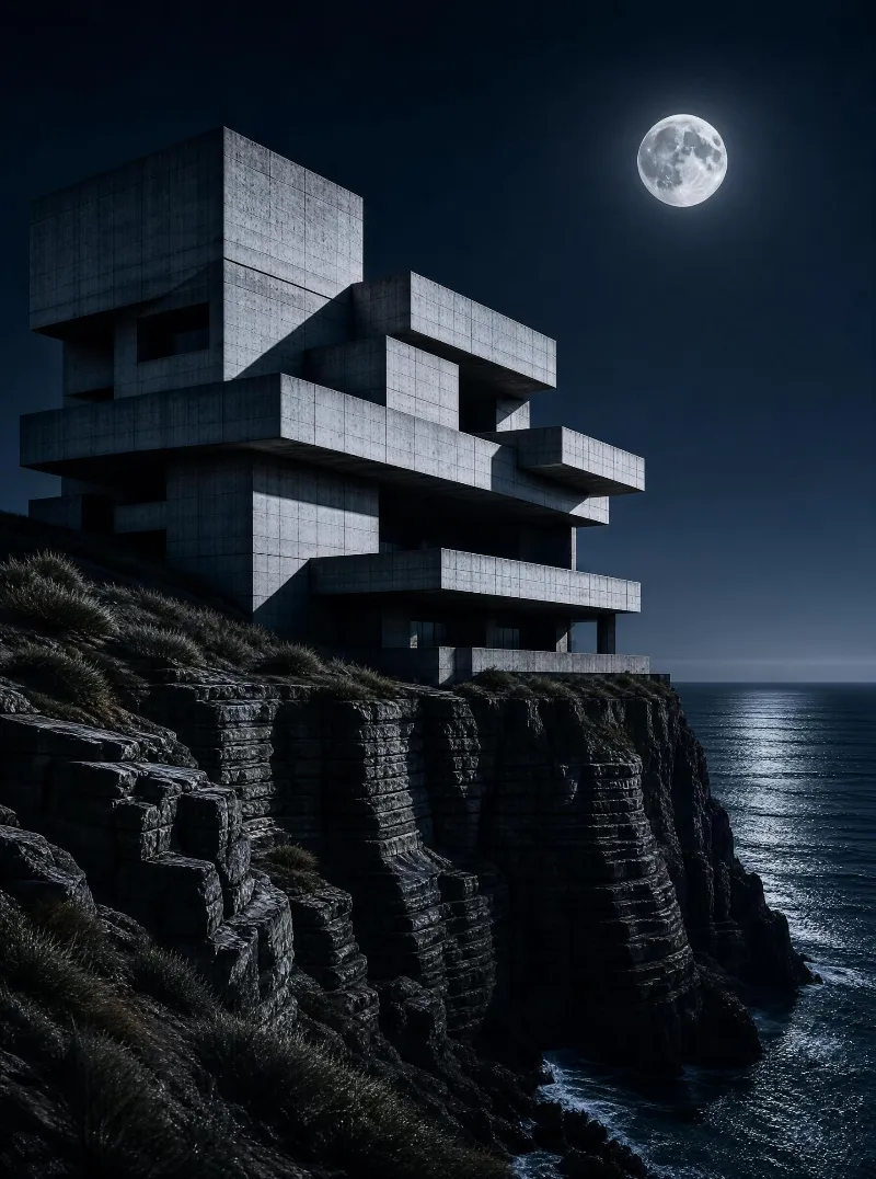 Moonlit Brutalist House on a Cliff