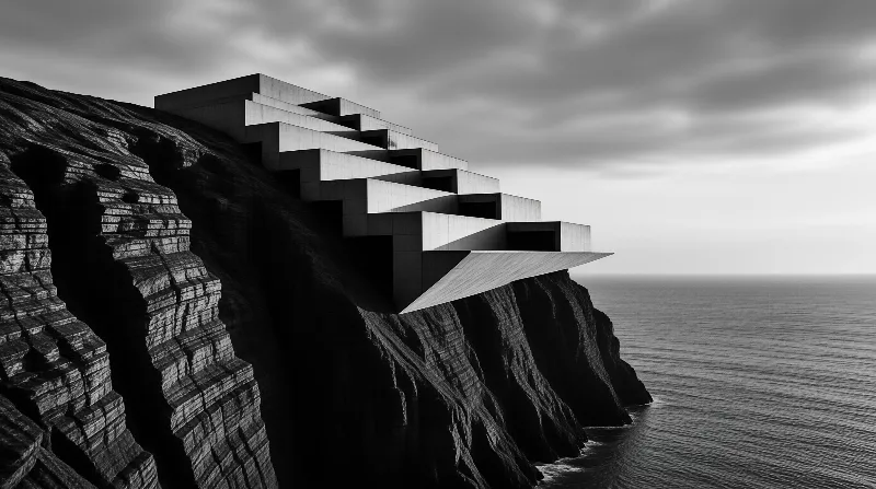 Black and white view of a zig-zag building built into a cliff above a large body of water.