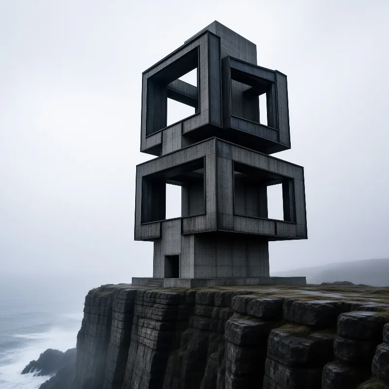 A towering grey concrete structure with hollow square windows perches on a jagged cliff edge above a misty ocean.