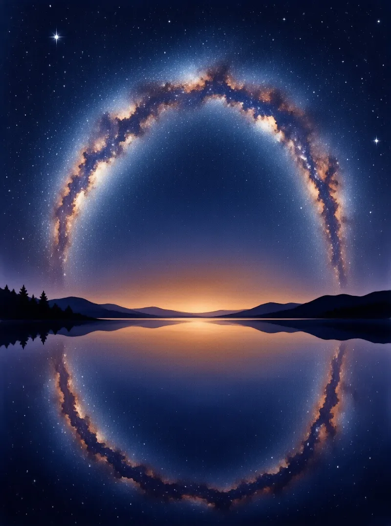 A vast starry arch of the Milky Way spans the night sky, mirrored perfectly in the calm surface of a lake.