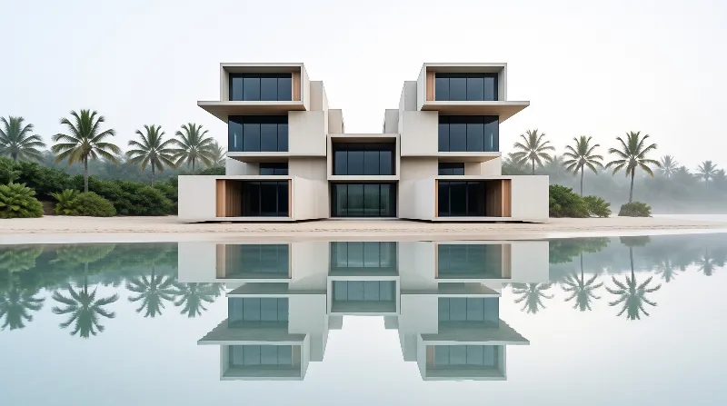 A tiered white cubic villa sits at the edge of glassy still water with its full reflection visible under a foggy palm lined sky