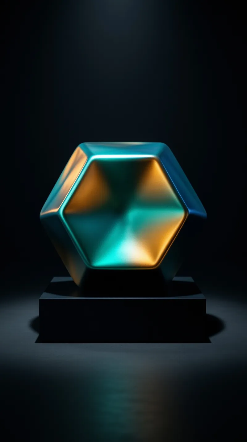 A shiny teal and amber hexagonal object sits on a black base against a dark background with soft highlights.