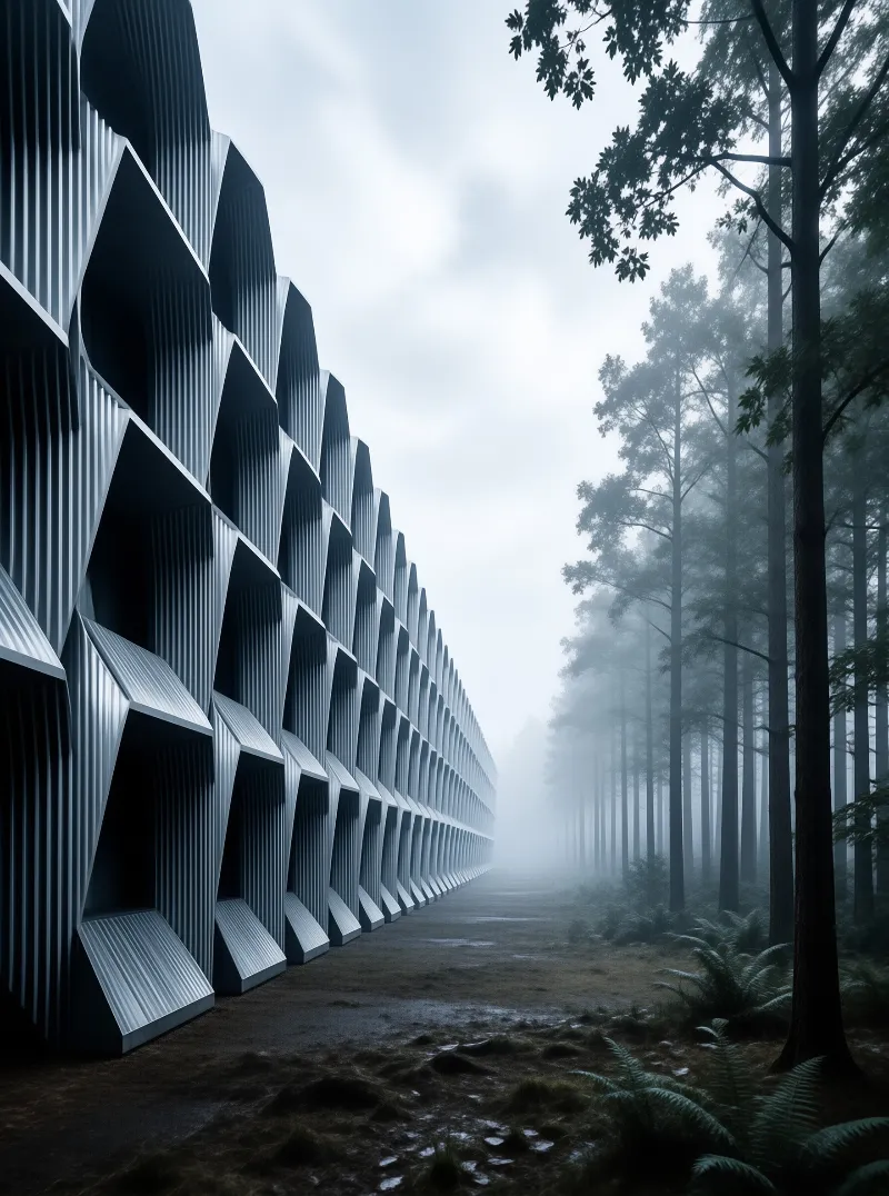 A long ribbed metal structure stands beside a tall pine forest shrouded in thick grey fog and cool blue light.