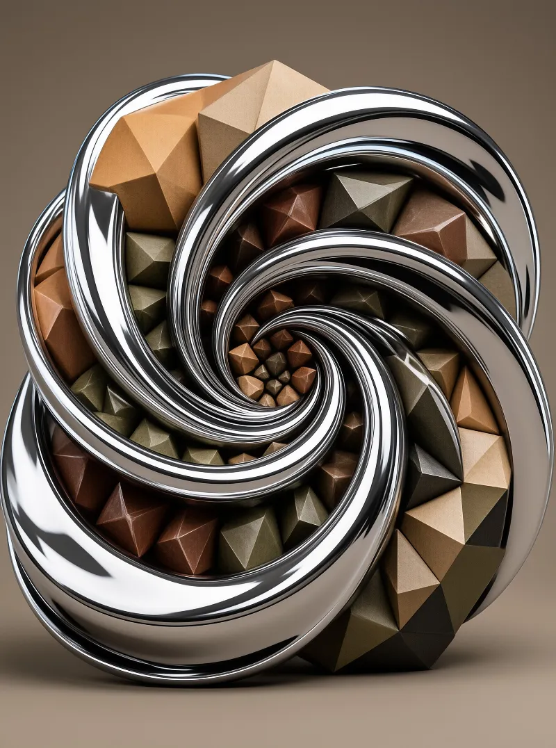 A spiral formation of shiny chrome rings and faceted geometric solids in brown and olive green tones on a neutral surface.