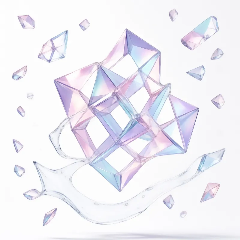 An iridescent geometric crystal structure floats above a water splash surrounded by smaller shards.